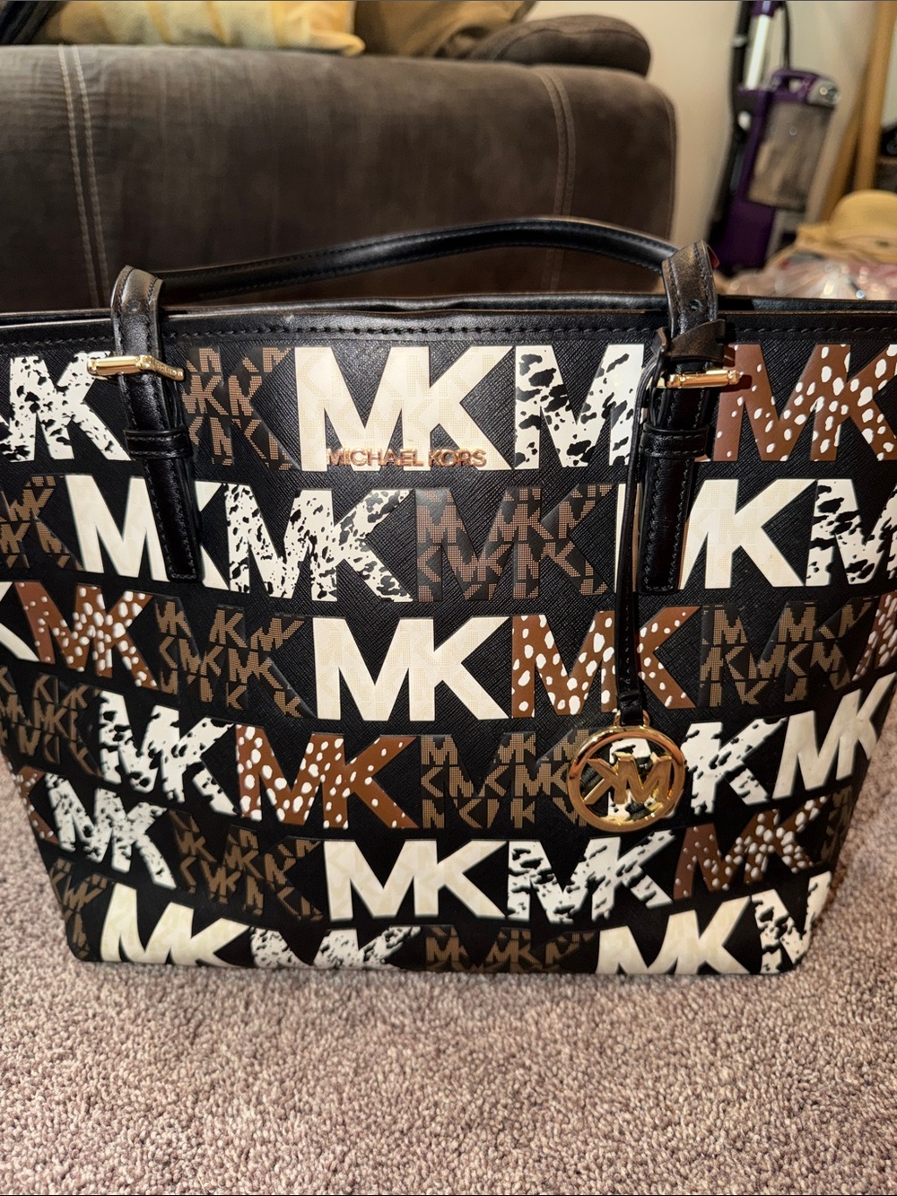 Michael Kors Black, Brown & White MK Logo Shoulder Tote